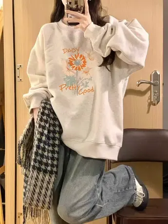 美式复古oversize卫衣女2023春秋薄款设计感小众宽松bf慵懒风外套商品大图