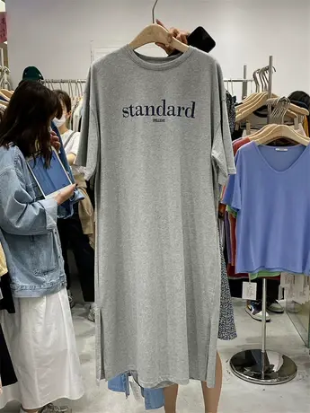 短袖t恤女2021夏季新款韩版ins潮中长款开叉宽松连衣裙子休闲上衣图片