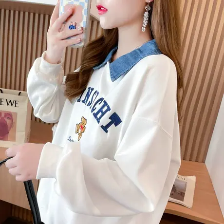 小个子翻领polo衫卫衣女春秋季韩版宽松薄款假两件牛仔领上衣外套图片