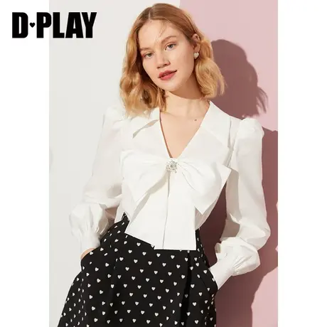 DPLAY秋装新法式白色V领蝴蝶结镶钻钮扣装饰上衣图片