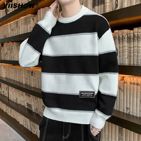 VIISHOW条纹毛衣男秋冬季复古潮牌宽松休闲百搭针织衫套头线衣商品大图
