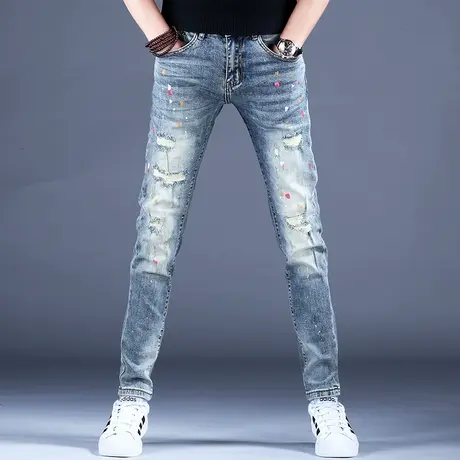 2023新款牛仔裤男款秋款薄款复古破洞喷漆修身小脚裤子潮高街潮酷图片