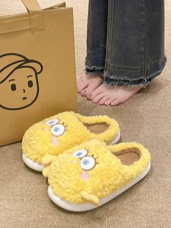 时尚卡通可爱软底海绵宝宝毛毛拖女2023年秋冬新款厚底包头棉拖鞋商品大图