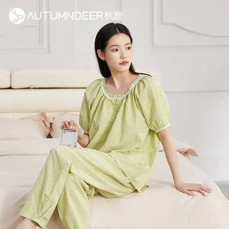 【商场同款】秋鹿睡衣女夏季梭织棉短袖长裤可外穿家居服女夏2010图片