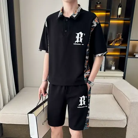 运动套装男夏季休闲polo衫短袖短裤两件套青少年帅气一套衣服搭配图片