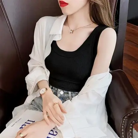 大码胖MM背心女内搭夏季宽肩打底无袖上衣针织螺纹冰丝小吊带外穿商品大图
