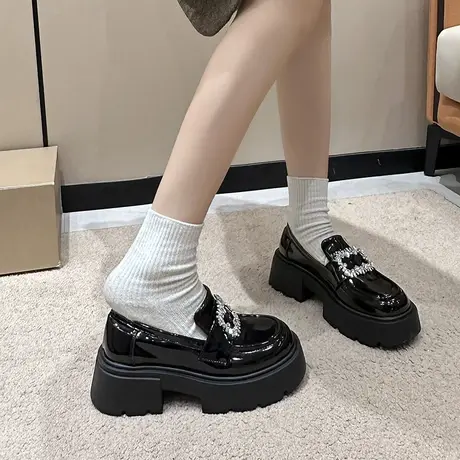 厚底百搭乐福鞋女2024春秋季新款英伦风粗跟单鞋一脚蹬水钻小皮鞋商品大图