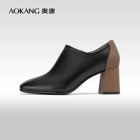 奥康女鞋 2023秋季新款真皮休闲深口粗高跟及踝单鞋短靴百搭方头图片
