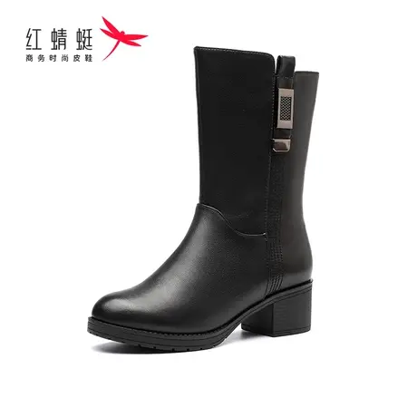 红蜻蜓女鞋女靴中筒靴秋冬季新款粗跟短筒马丁靴加绒保暖中跟棉靴图片