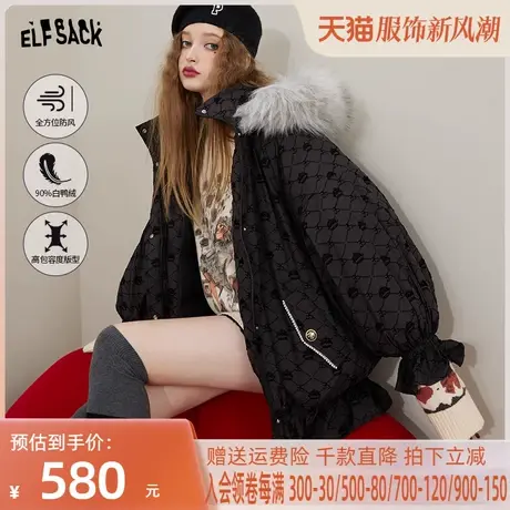 妖精的口袋毛领复古满印老花黑色羽绒服女2022冬季新款保暖外套图片