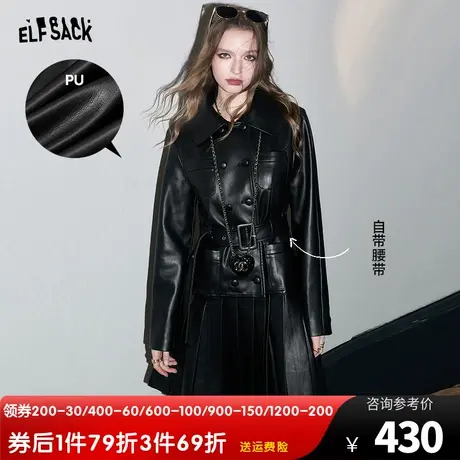 妖精的口袋黑色皮裙连衣裙女2023冬季新款显瘦设计感修身长袖裙子图片