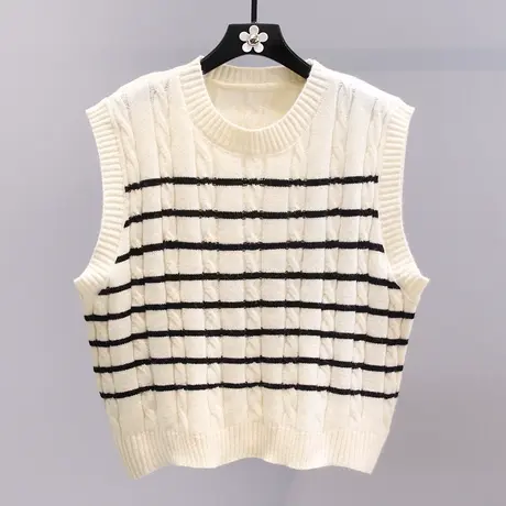 小香风时尚条纹无袖针织马甲女秋季2023新款宽松时尚外搭毛衣背心图片