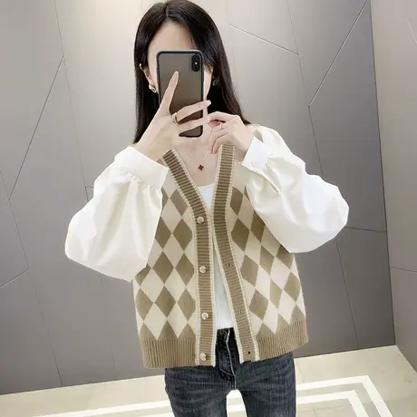 初秋女士毛衣外套2022年新款秋季衬衫袖拼接针织开衫女上衣春秋款商品大图