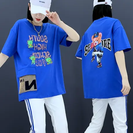 大口袋短袖T恤女2023新款韩版宽松遮肚子时尚中长款体恤大码半袖商品大图