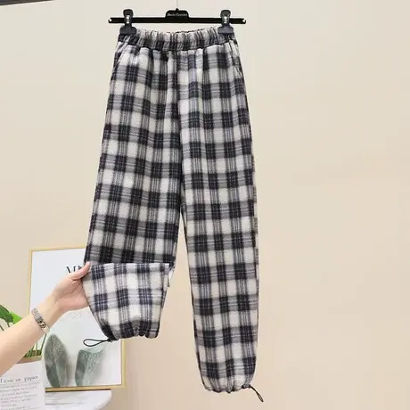 宽松高腰抽绳格子哈伦裤女春秋阔腿垂感直筒束脚萝卜休闲长裤九分图片