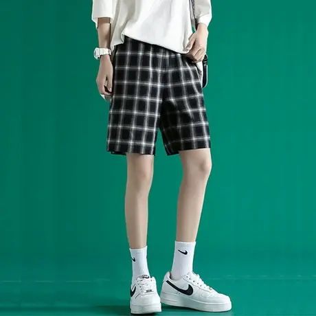 夏季薄款冰丝运动裤直筒休闲裤五分裤女裤格子高腰阔腿短裤子夏天商品大图