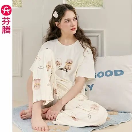 芬腾女士睡衣夏季纯棉短袖薄款圆领套装女款休闲大码可外穿家居服商品大图