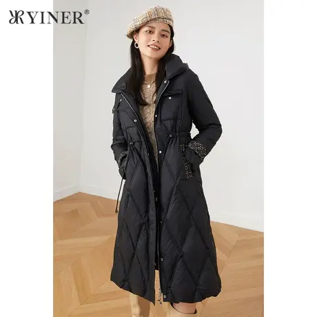 YINER音儿女装2021冬季新款长款菱格纹连帽羽绒服商品大图