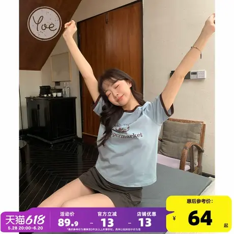 yoe蓝色短袖t恤女上衣夏季新款美式复古印花圆领撞色宽松纯棉女装商品大图