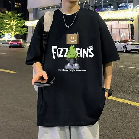 短袖T恤男新款2025夏季男装上衣美式休闲圆领半袖重磅纯棉体恤衫商品大图