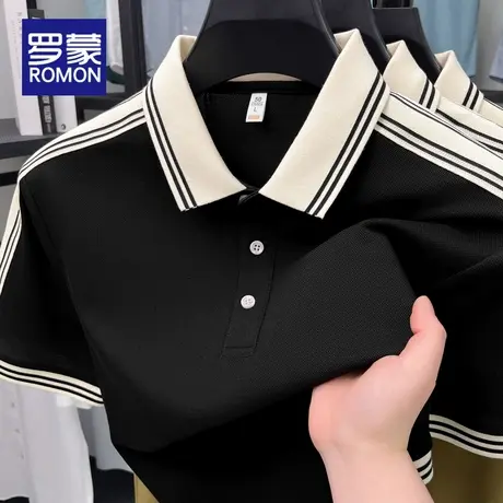 罗蒙男士polo衫2025夏季新款时尚纯棉翻领短袖T恤休闲条纹打底衫商品大图