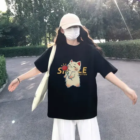 KWV真维斯黑色短袖t恤女夏2025新款爆款印花独特超好看单穿上衣商品大图