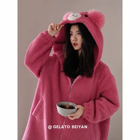 贝妍珊瑚绒睡衣女秋冬季保暖可爱小熊连帽少女加厚家居服大码套装商品大图