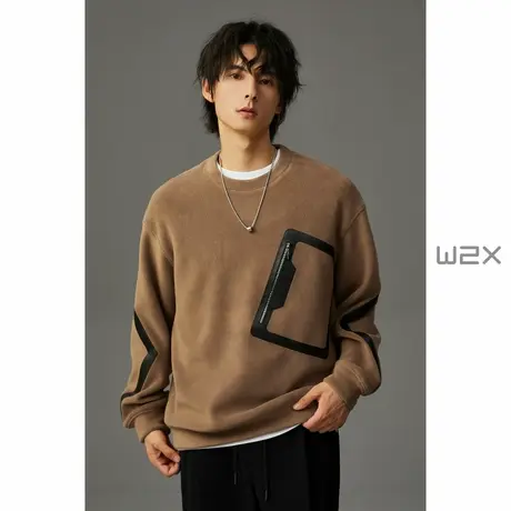 w2x2023冬季新款加绒加厚圆领卫衣男拼接拉链设计高级感无帽上衣商品大图