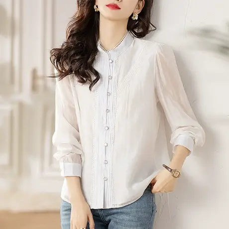 早秋季新款白色衬衫女宽松加大码女装中年妈妈洋气显瘦蕾丝打底衫商品大图