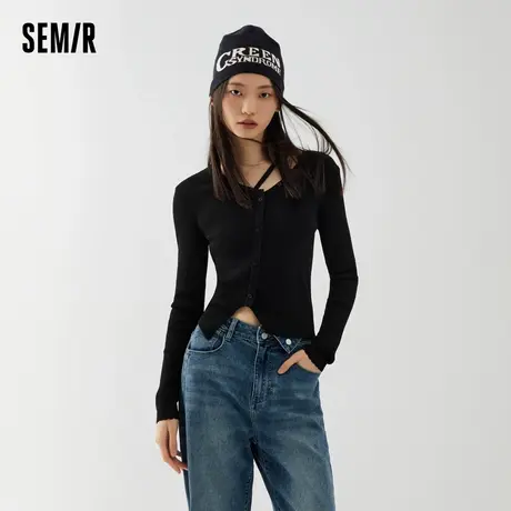 森马毛衣女短款不对称小心机2025春季新款修身单排扣黑色针织衫潮商品大图
