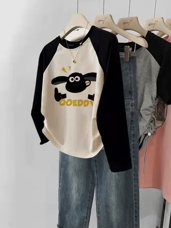 韩系chic正肩撞色长袖t恤女今年流行内搭打底衫ins潮秋季短款上衣商品大图