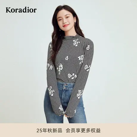 珂莱蒂尔Koradior秋季款时尚气质设计感玫瑰印花千鸟格小衫女上衣图片
