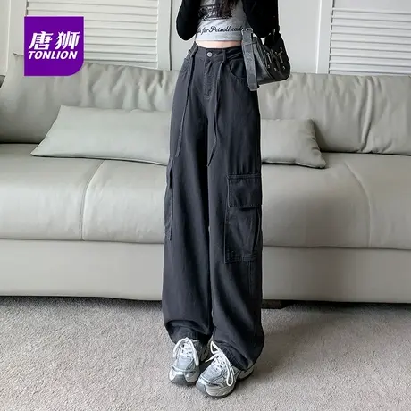 唐狮休闲阔腿工装裤女秋季新款设计感宽松显瘦直筒牛仔裤子AX商品大图