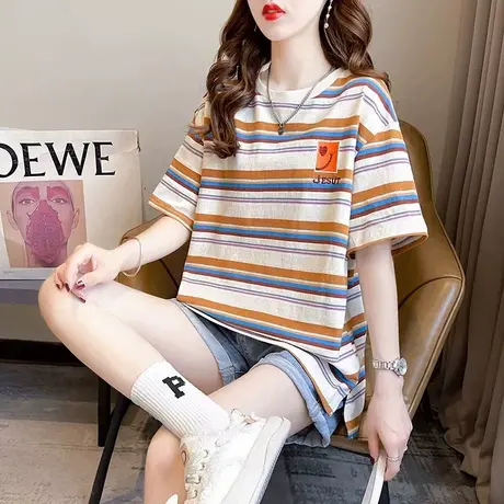 大码女装夏季新款欧货大版彩色条纹短袖t恤女宽松刺绣纯棉上衣潮商品大图