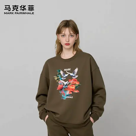 马克华菲 deer 美式花朵印花男款卫衣圆领新款休闲宽松运动外套女图片