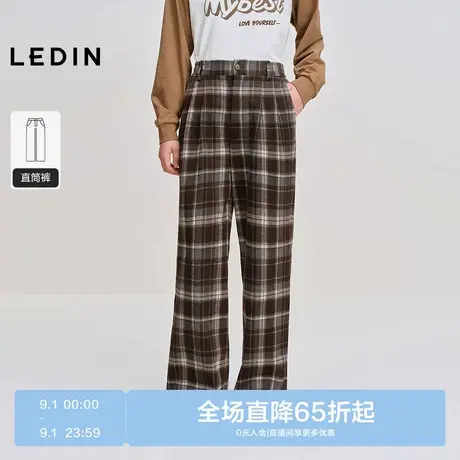 乐町复古格纹宽松直筒阔腿裤冬新款加厚磨毛针织松紧腰休闲格子裤商品大图