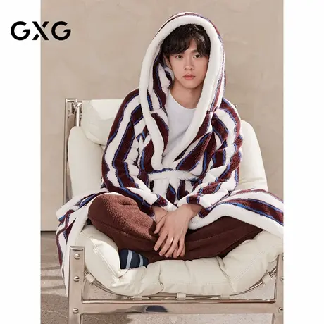 GXG男士家居服 蓝咖条纹保暖男士睡袍加厚时尚家居服外套冬季款商品大图