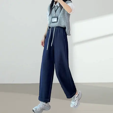 松紧腰老爹牛仔裤女2025秋季新款高腰宽松阔腿深蓝色直筒哈伦裤子商品大图