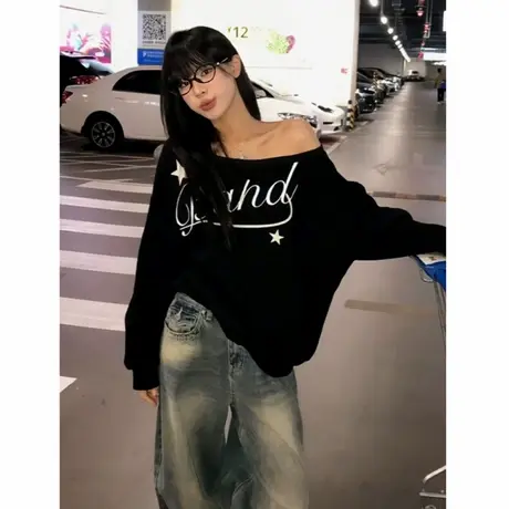 美式街头斜领卫衣女秋季穿搭字母印花长袖慵懒风宽松显瘦露肩上衣商品大图