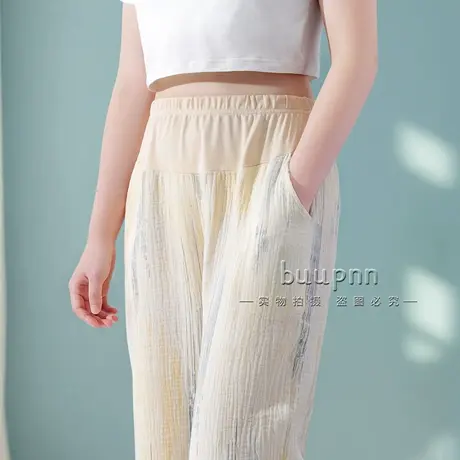 高腰纯棉睡裤女长裤双层纱单件裤子有口袋休闲宽松可外穿商品大图