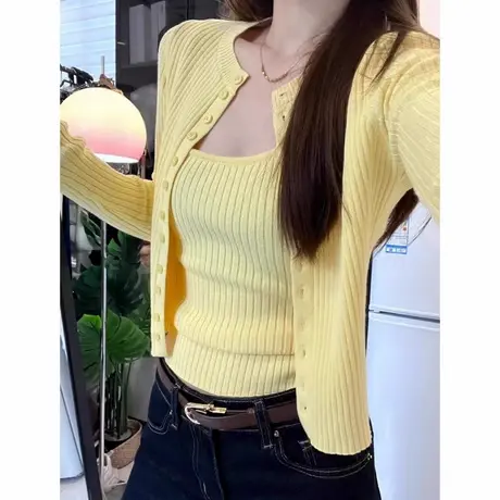 针织开衫吊带背心内搭两件套女早秋春季韩系修身短款长袖上衣外套商品大图