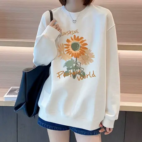 白色圆领卫衣女2025年秋季新款爆款宽松大码韩系上衣加绒加厚外套商品大图