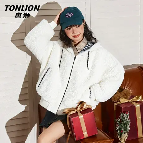 唐狮羊羔绒外套女冬季2026新款小个子加绒加厚撞色保暖连帽上衣VB图片