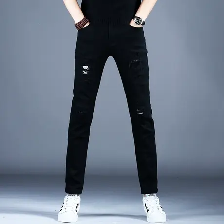 秋冬款男士新款黑色牛仔裤男款美式高街破洞补丁修身小脚裤仔潮流商品大图