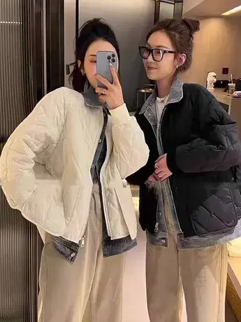 菱格棉服女2023秋冬新款韩系轻薄短款假两件小个子羽绒棉衣外套潮商品大图