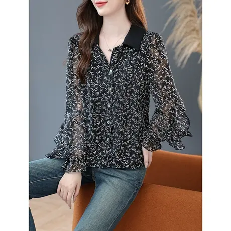 宝诗黎翻领系带减龄碎花衬衫荷叶边长袖宽松雪纺上衣2023秋季新款商品大图