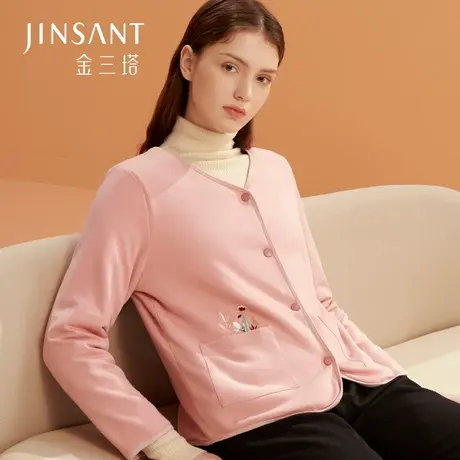 金三塔丝绵长袖上衣2023年女桑蚕丝填充加厚刺绣V领内搭保暖棉衣图片