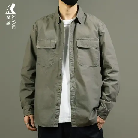 希越工装风长袖衬衫男士宽松大码重磅水洗翻领衬衣秋冬新款外套潮商品大图