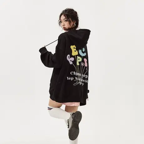 YEP黑色连帽加绒卫衣女冬季2023年新款潮牌复古宽松oversize外套商品大图