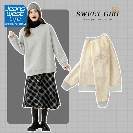 真维斯LIFE灰色卫衣女秋冬加绒加厚羊羔绒学生百搭宽松上衣外套女商品大图